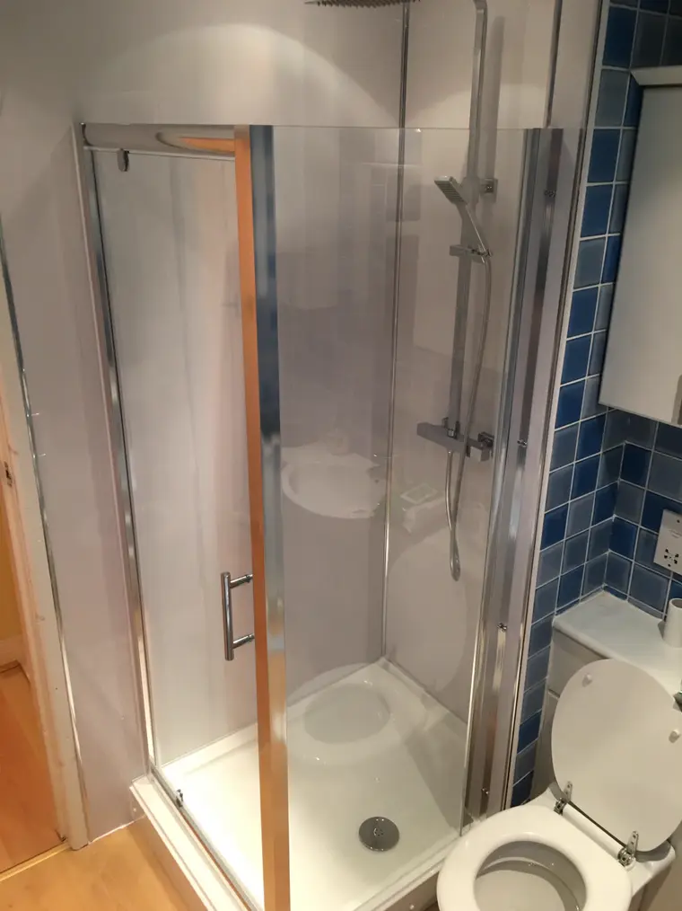 Square glass shower enclosure beside a toilet